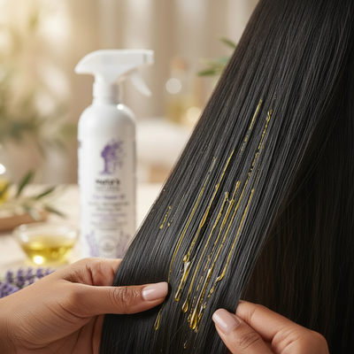 Golden oil on straight black hair bottle in background
